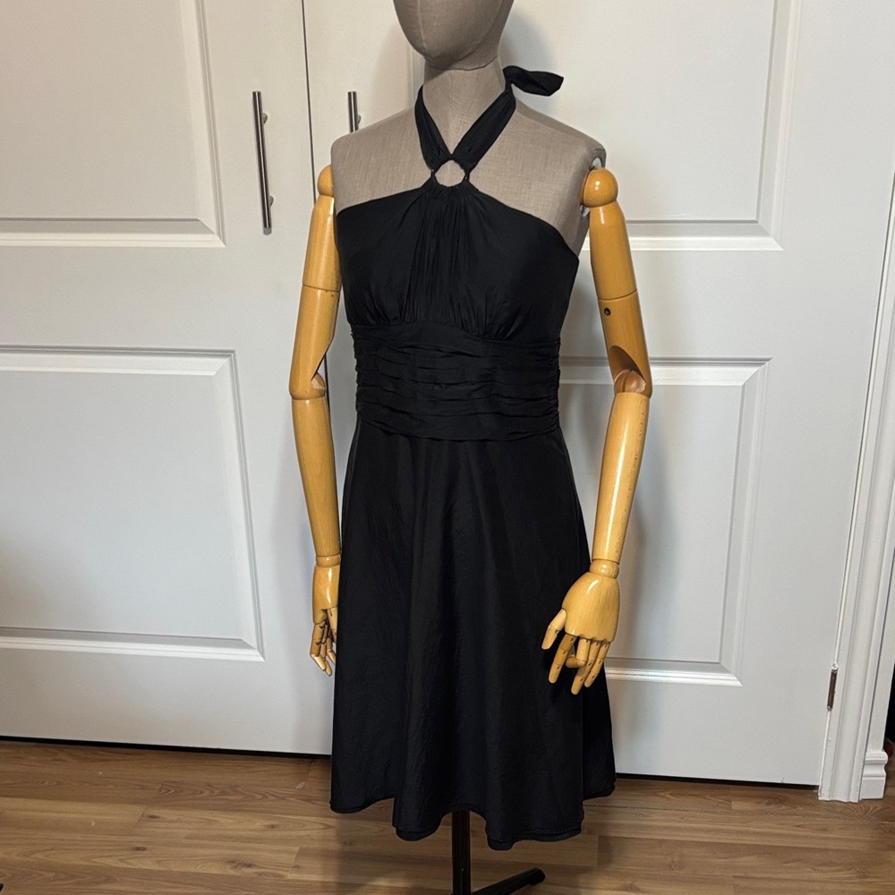 le chateau Black Strapless Halter Silk Blend Ring-Detail Dress